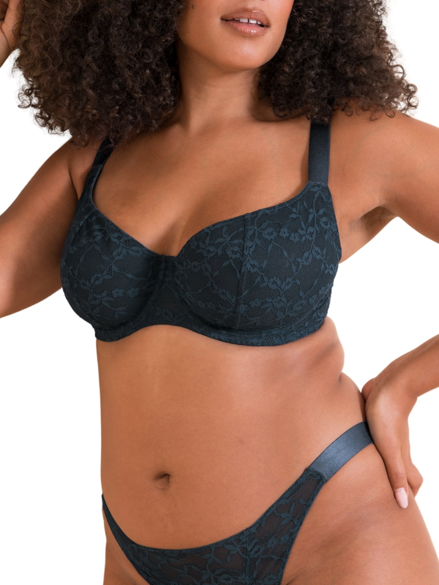 All Night Lace Scooped Balcony Bra - Denim Blue