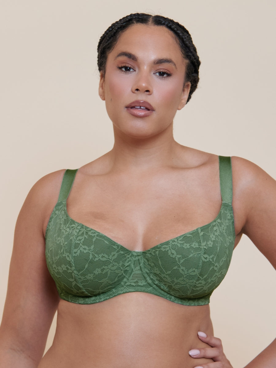 All Night Lace Scooped Balcony Bra - Dusky Green