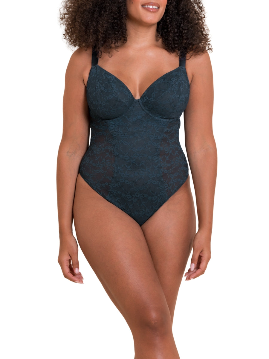 All Night Lace Plunge Bodysuit - Denim Blue