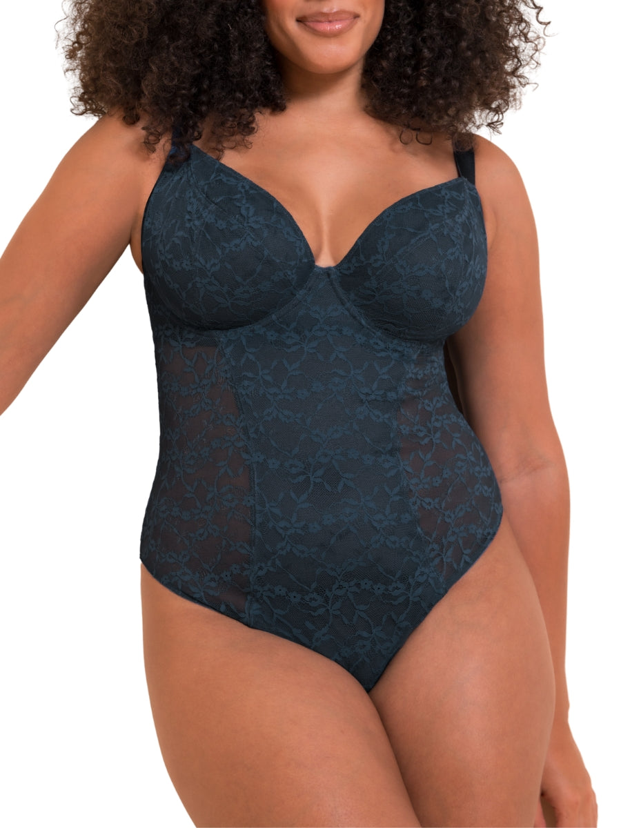 All Night Lace Plunge Bodysuit - Denim Blue
