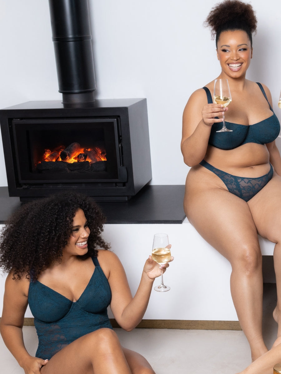 All Night Lace Plunge Bodysuit - Denim Blue