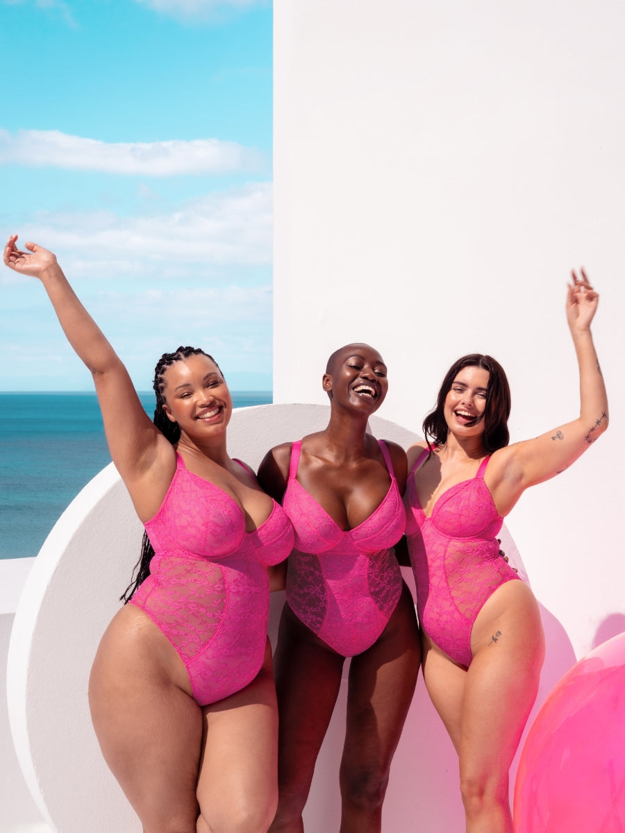 All Night Lace Plunge Bodysuit - Hot Pink/Blush