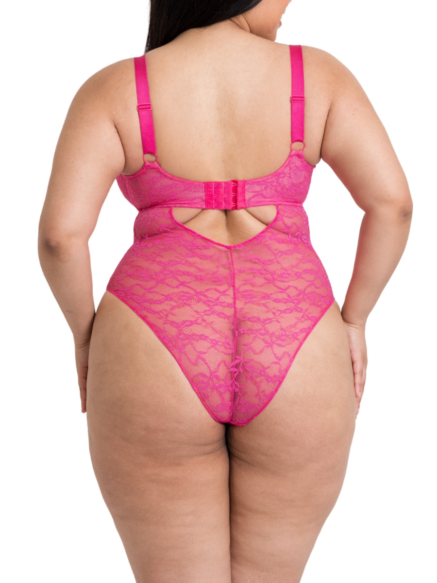 All Night Lace Plunge Bodysuit - Hot Pink/Blush