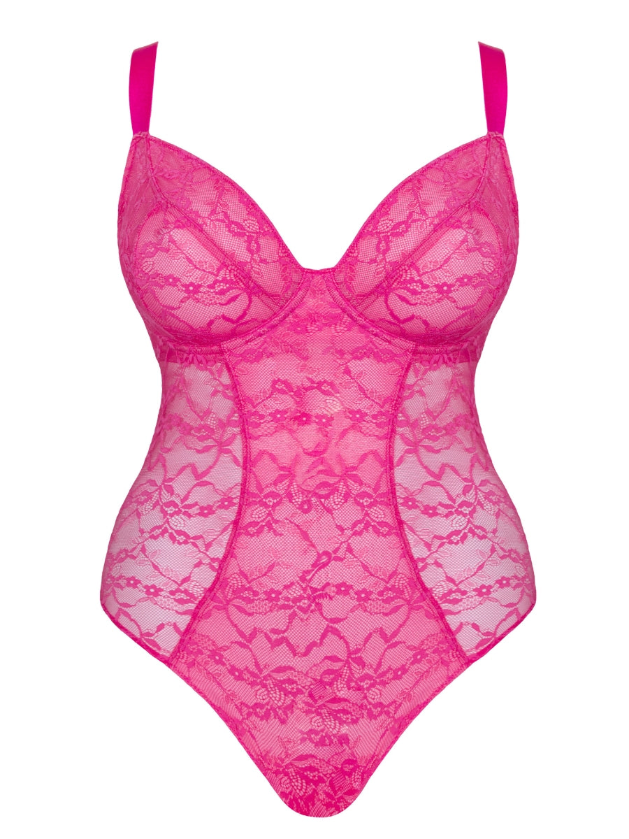 All Night Lace Plunge Bodysuit - Hot Pink/Blush