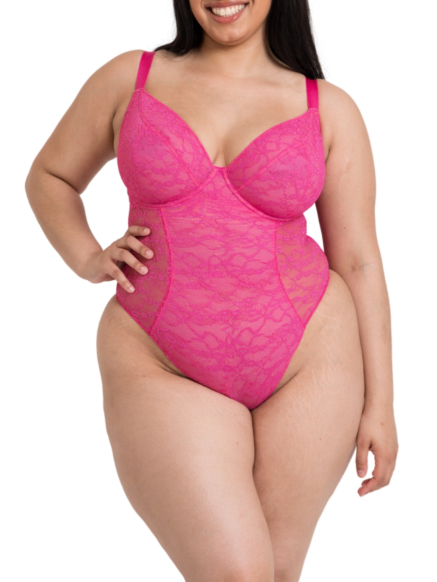 All Night Lace Plunge Bodysuit - Hot Pink/Blush
