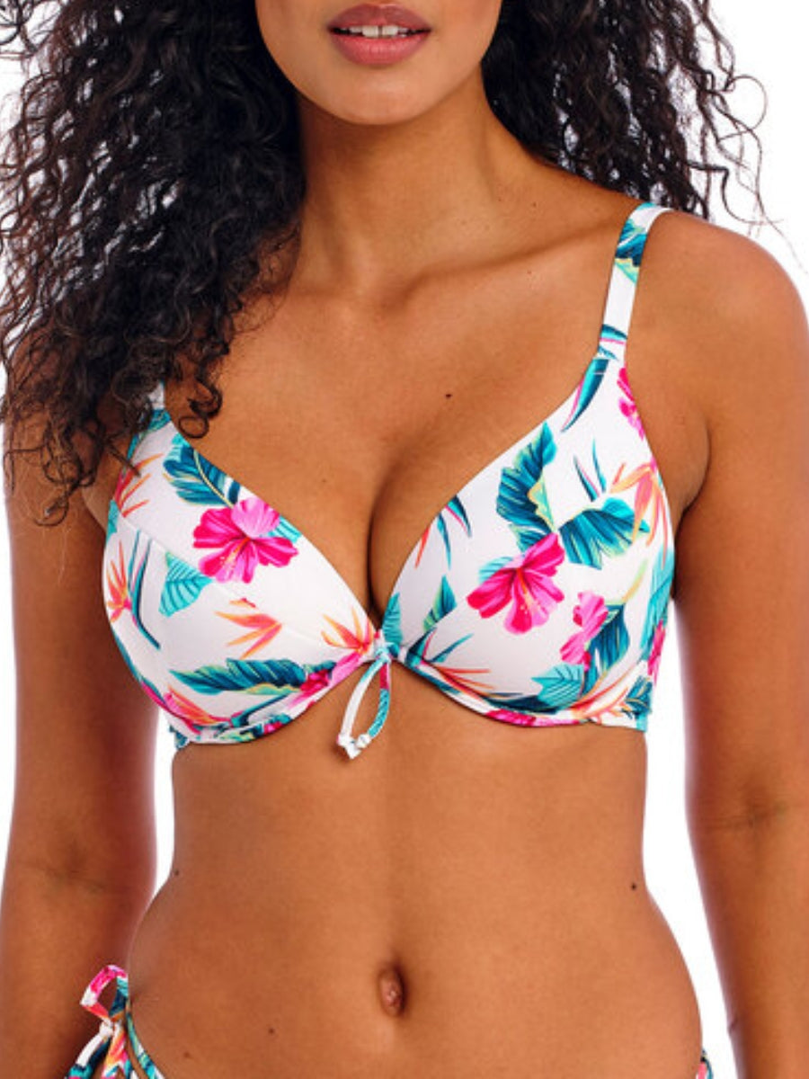 Palm Paradise Low Plunge Bikini Top - White
