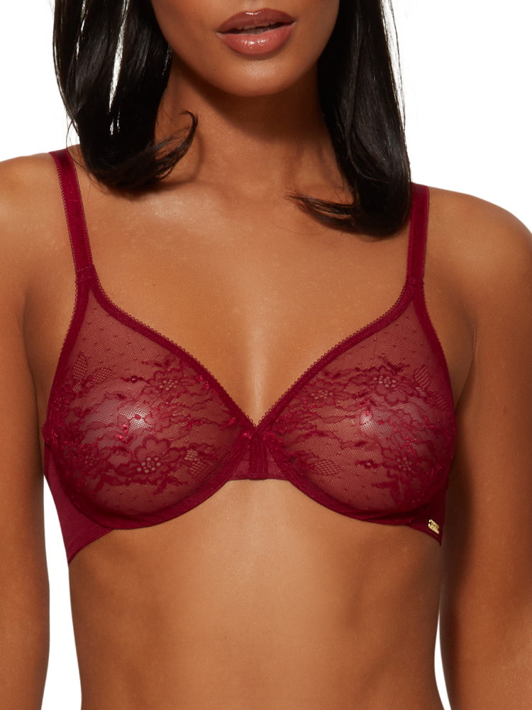 Gossard Glossies Lace Sheer Moulded Bra Bordeaux BraForMe