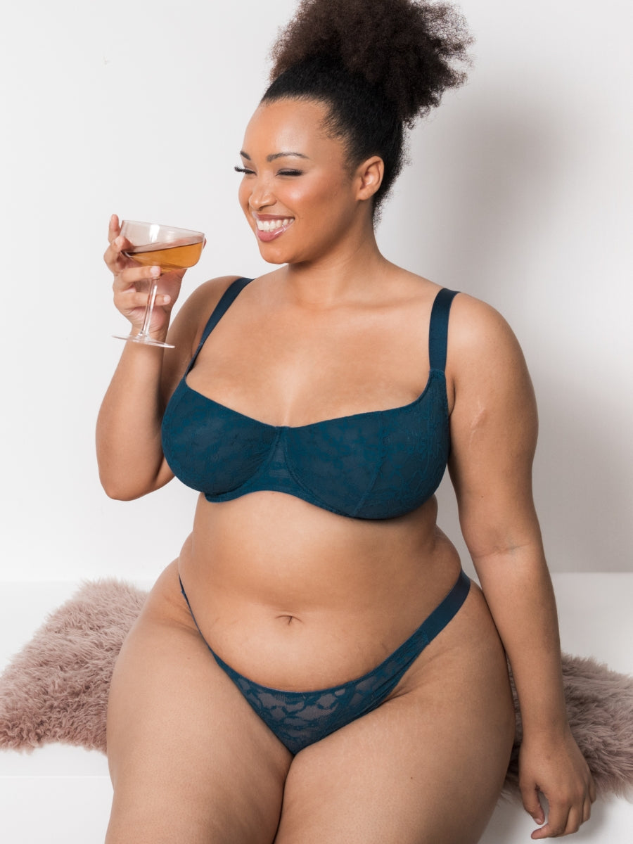 All Night Lace Scooped Balcony Bra - Denim Blue