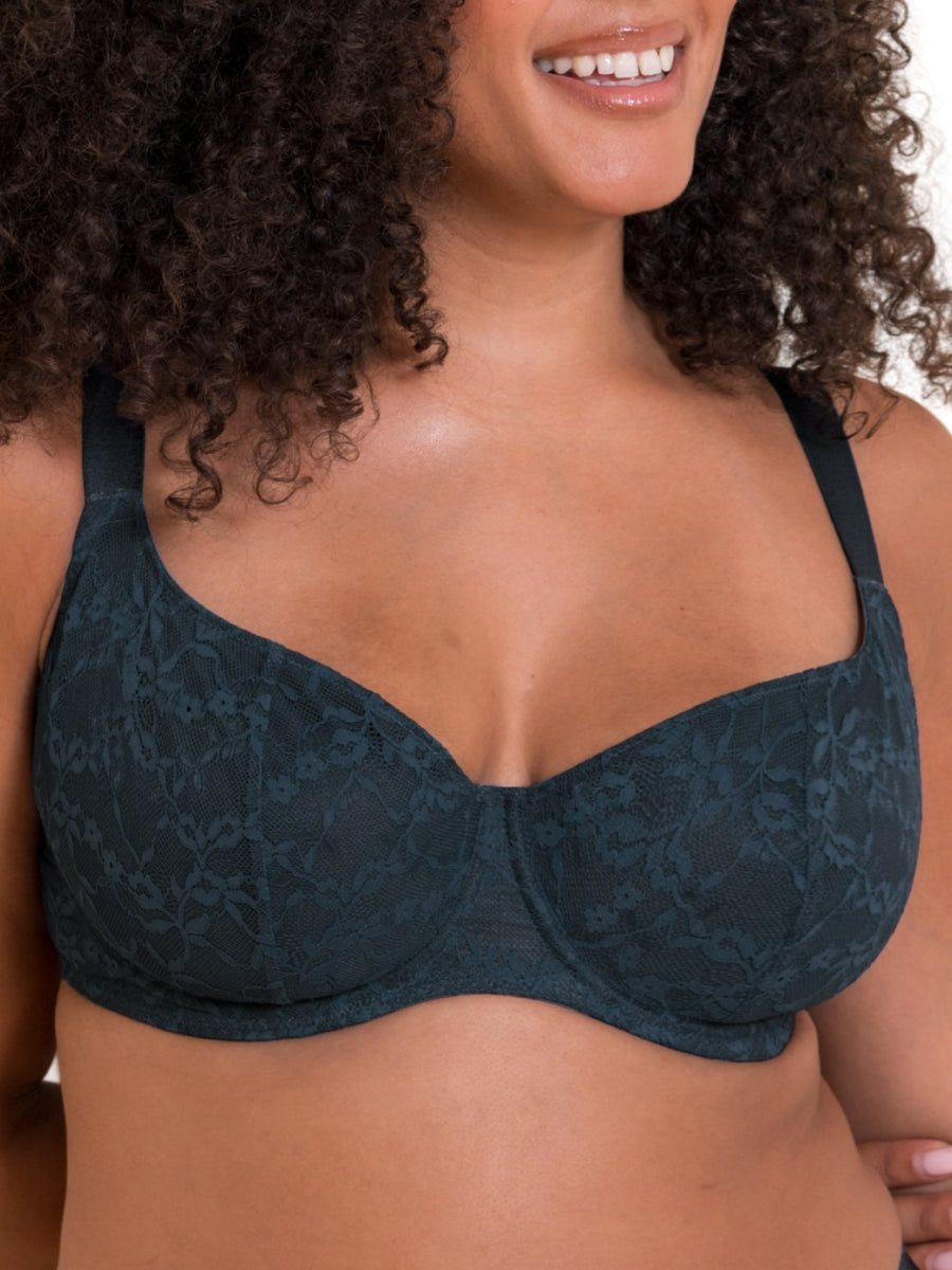 All Night Lace Scooped Balcony Bra - Denim Blue