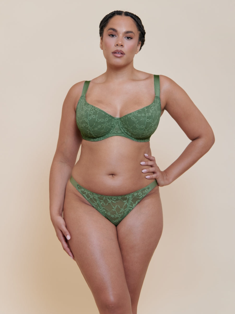 All Night Lace Scooped Balcony Bra - Dusky Green