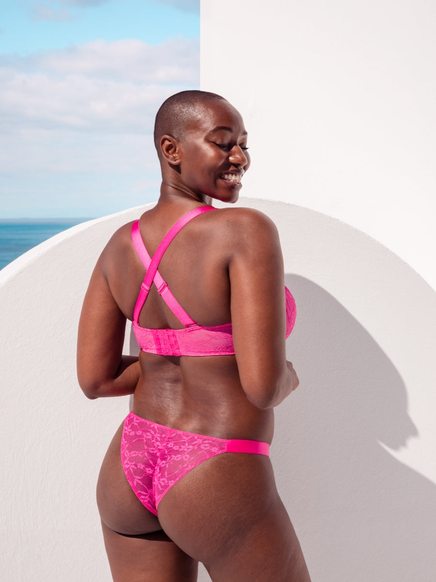 All Night Lace Scooped Balcony Bra - Hot Pink/Blush