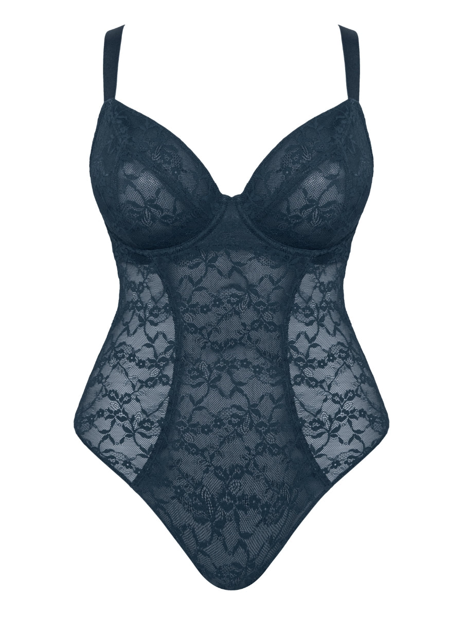 All Night Lace Plunge Bodysuit - Denim Blue