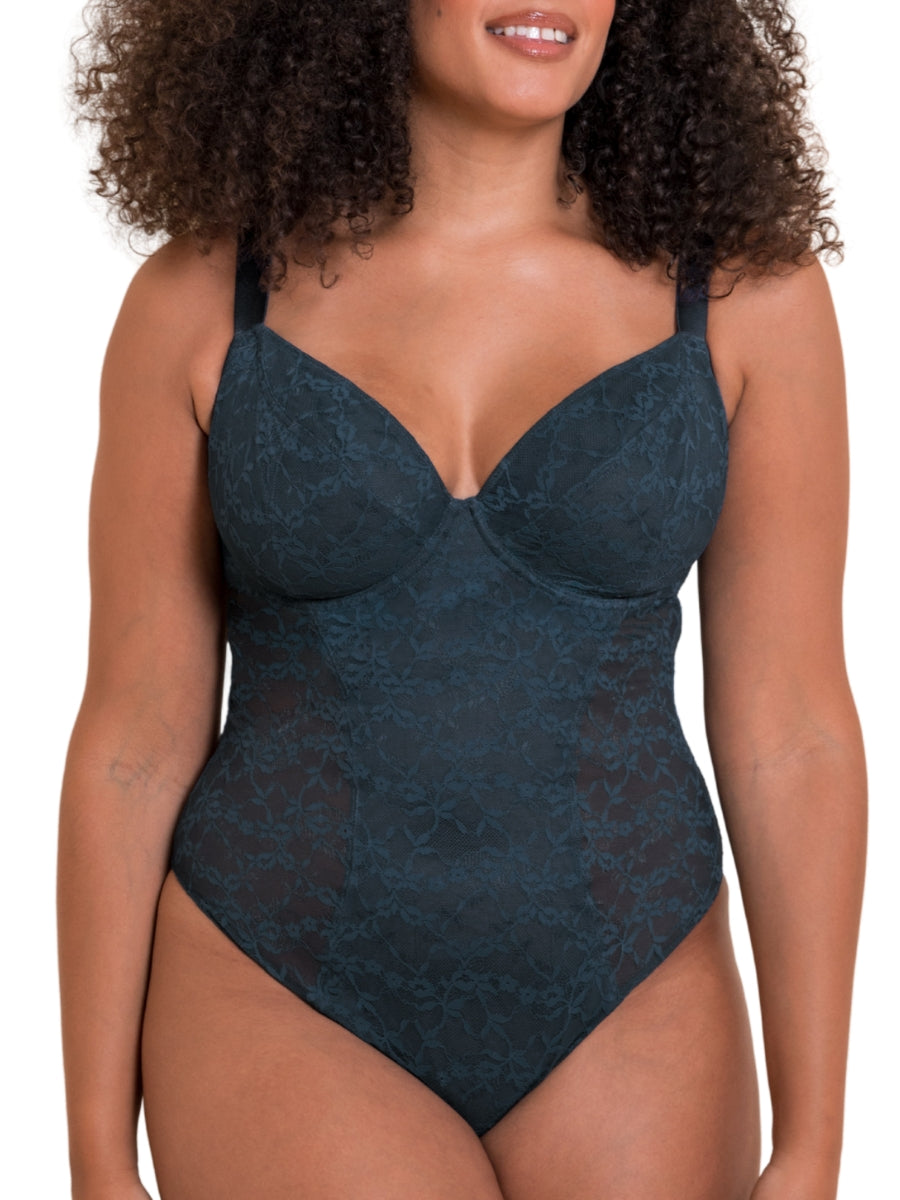All Night Lace Plunge Bodysuit - Denim Blue