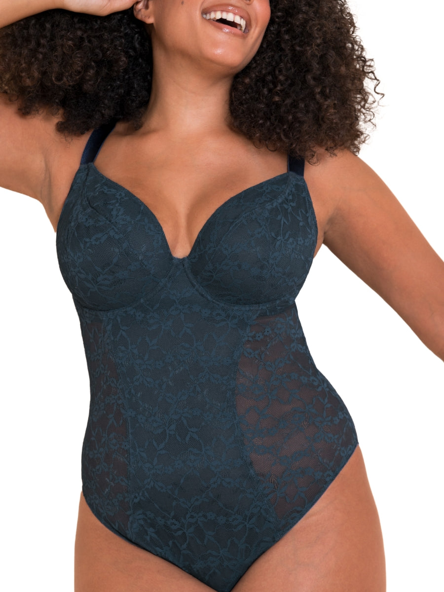 All Night Lace Plunge Bodysuit - Denim Blue