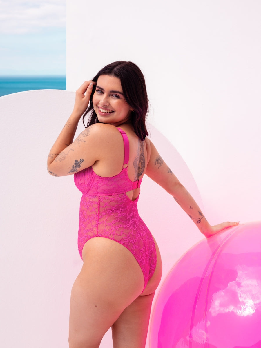 All Night Lace Plunge Bodysuit - Hot Pink/Blush