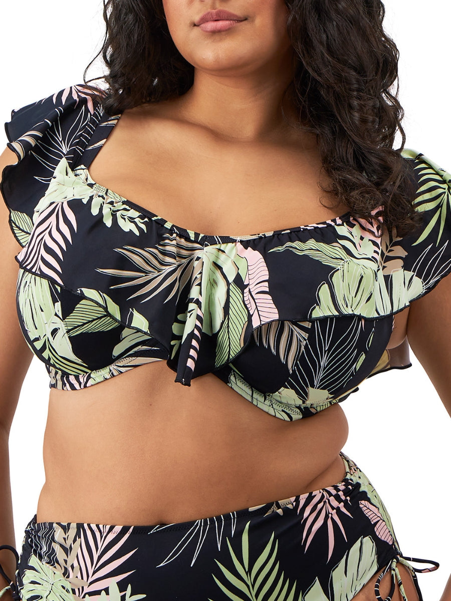 Tropical Retreat Ruffle Bikini Top - Black
