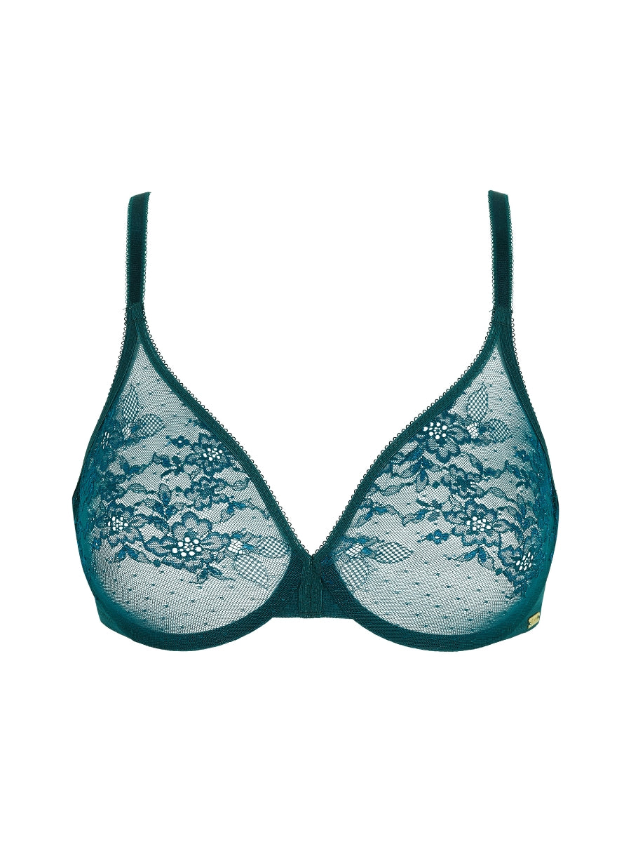 Glossies Lace Sheer Moulded Bra - Dark Green